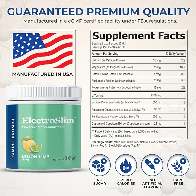Simple Promise ElectroSlim - Sugar-Free Electrolyte Powder Hydration Support with Essential Electrolytes - No Sugar Formula for Daily Energy Balance - Lemon Lime Flavor