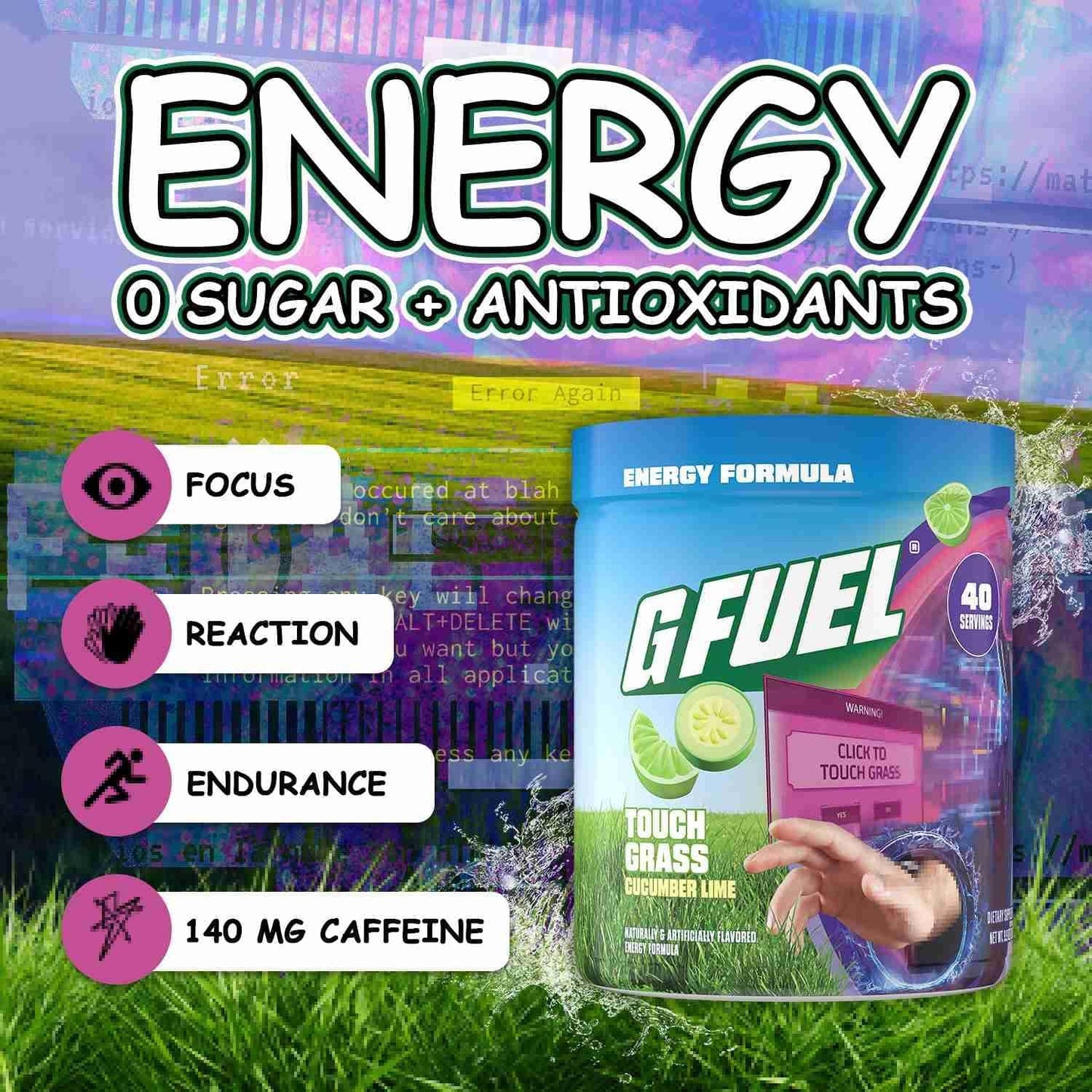 G Fuel Touch Grass Energy Drink Powder, Pre Workout Caffeine Mix for Gaming, Sugar Free Focus Amino, Vitamin + Antioxidants, 9.8oz (Cucumber Lime, 40 Servings)