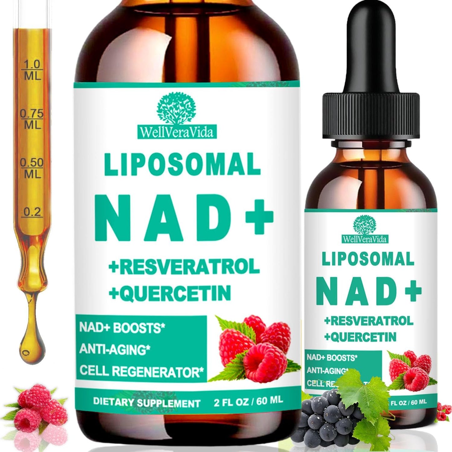 2 Pack NAD+ Supplements for Women & Men, Liposomal NAD+ Nicotinamide Riboside Resveratrol 900mg, TMG, Quercetin, Vitamin B3, Organic Liquid NAD+ Resveratrol Supplement for Longevity