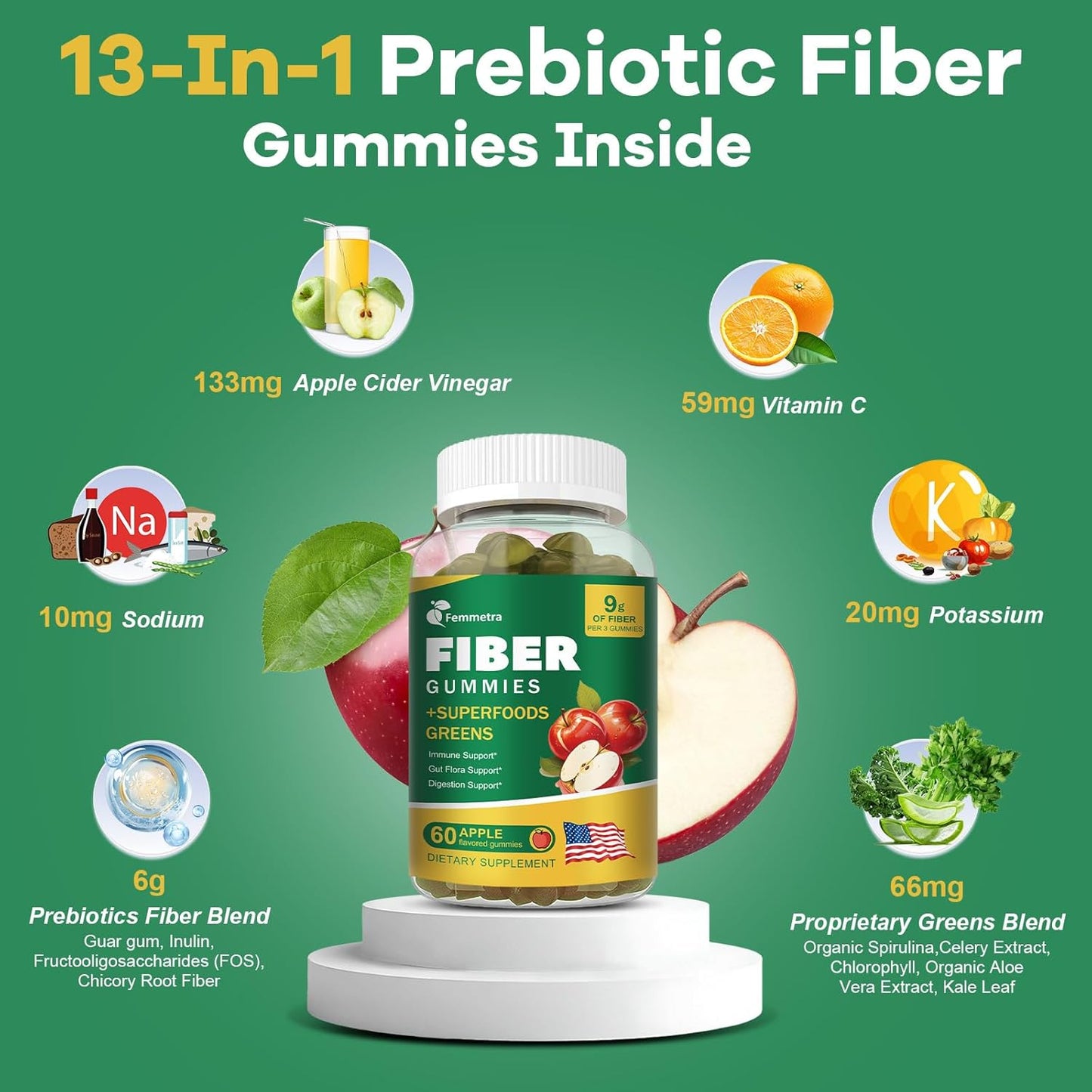 13-in-1 Fiber Gummies for Adults, Fiber Supplement for Digestive Health, Gut & Immunity, Prebiotic Fiber with Greens Blend & ACV - Non-GMO, Sugar Free – 60 Vegan Gummies, Apple Flavor