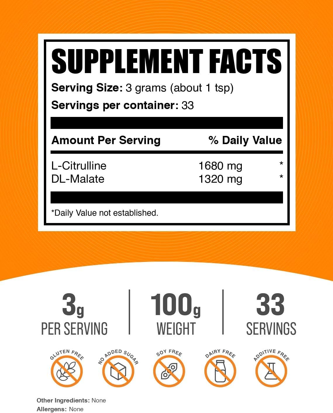 BulkSupplements.com L-Citrulline Malate 1:1 Powder - Citrulline Powder, Amino Acid Supplement - Unflavored & Gluten Free - 3g per Servings, 100g (3.5 oz) (Pack of 1)