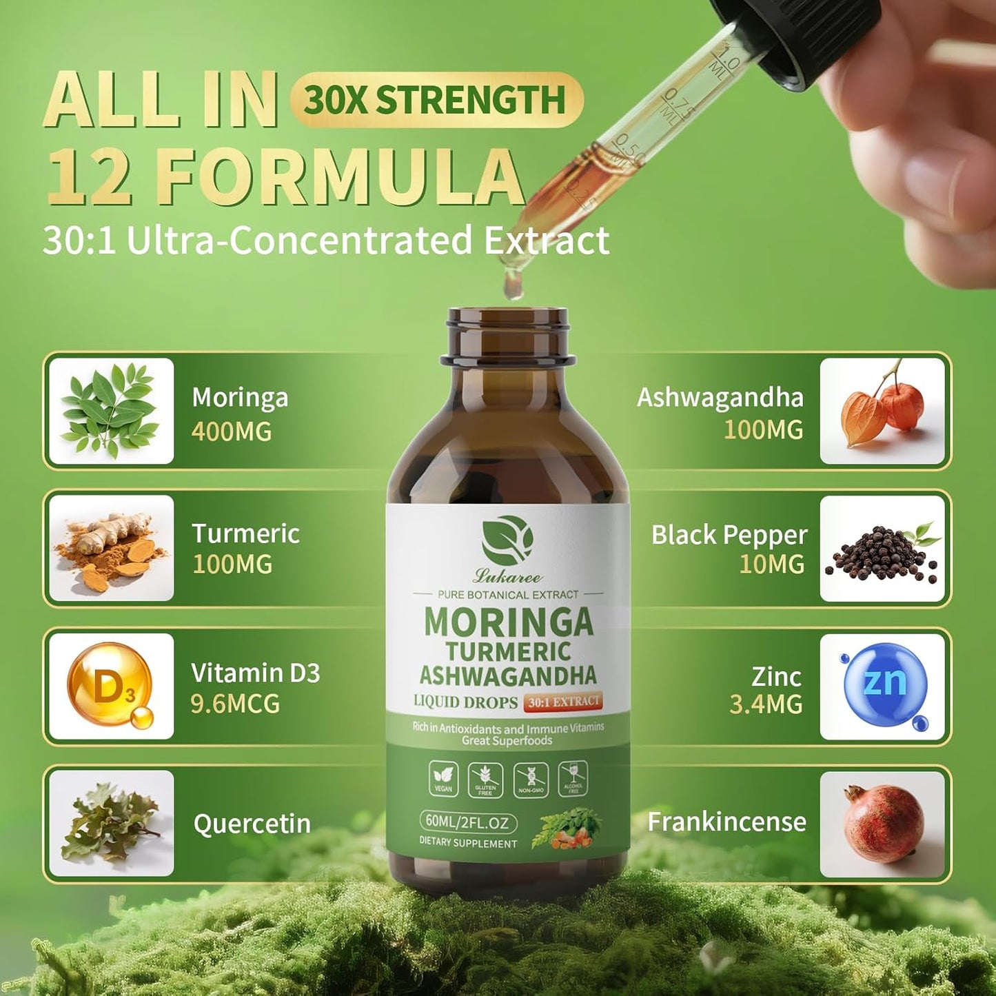 12-in-1 Lipsomal Moringa Leaf Drops with Ashwagandha Turmeric Quercetin, 98% Absorption & 30:1 Pure Moringa Extract for Energy Immune Joint Digestive Support, Vegan Non-GMO Gluten-Free