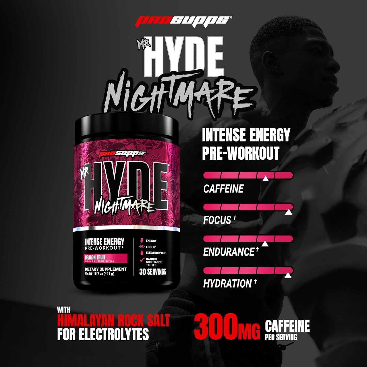PROSUPPS Mr. Hyde Nightmare Pre Workout Powder with Caffeine & Beta Alanine - Preworkout for Intense Energy, Mental Focus & Performance - Gym & Fitness Supplements (Dragon Fruit, 30 Servings)