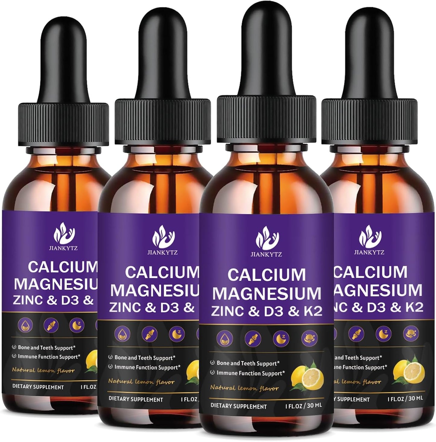 (4 Pack) Calcium Magnesium Zinc Liquid Drops for Women and Men - Bone & Teeth, Immune Support, Liquid Calcium Supplement with Magnesium Glycinate, Vitamin C D3 K2 B6, Lemon Flavor | Sugar Free
