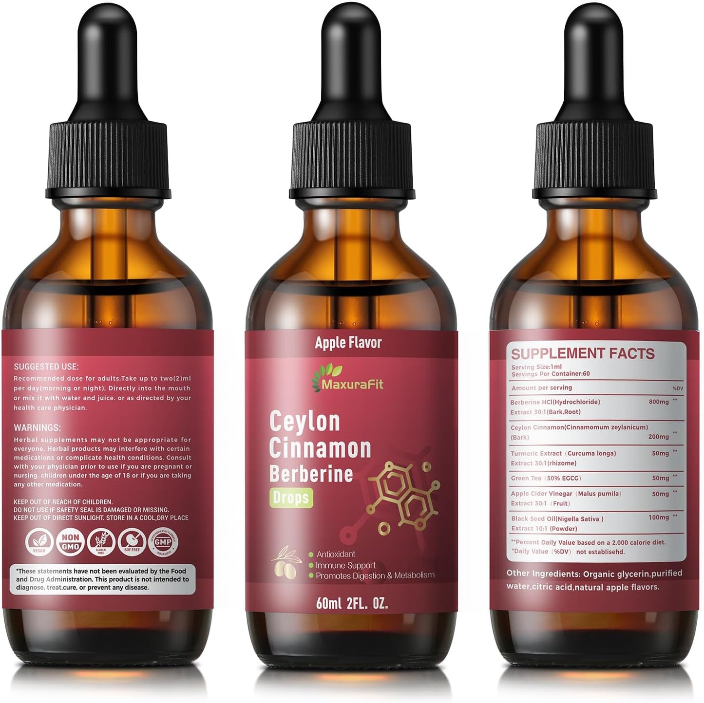 2 Pack Ceylon Cinnamon Berberine Bitter Liquid Drops Supplement with Turmeric,Green Tea,Apple Cider Vinegar,Black Seed Oil 4 FL OZ