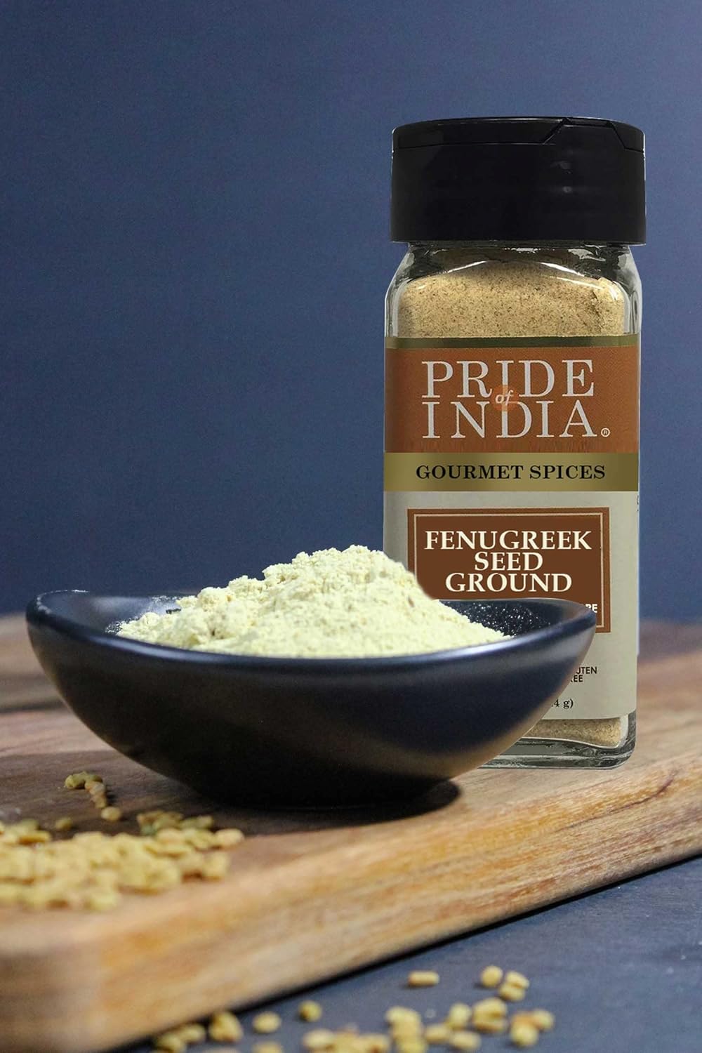 Pride of India – Fenugreek Seed Ground – Gourmet Indian Spice – Vegan, Gluten & GMO-Free – Ideal for Cooking & Meat Seasoning – Easy to Use – 2.8 oz. Small Dual Sifter Jar