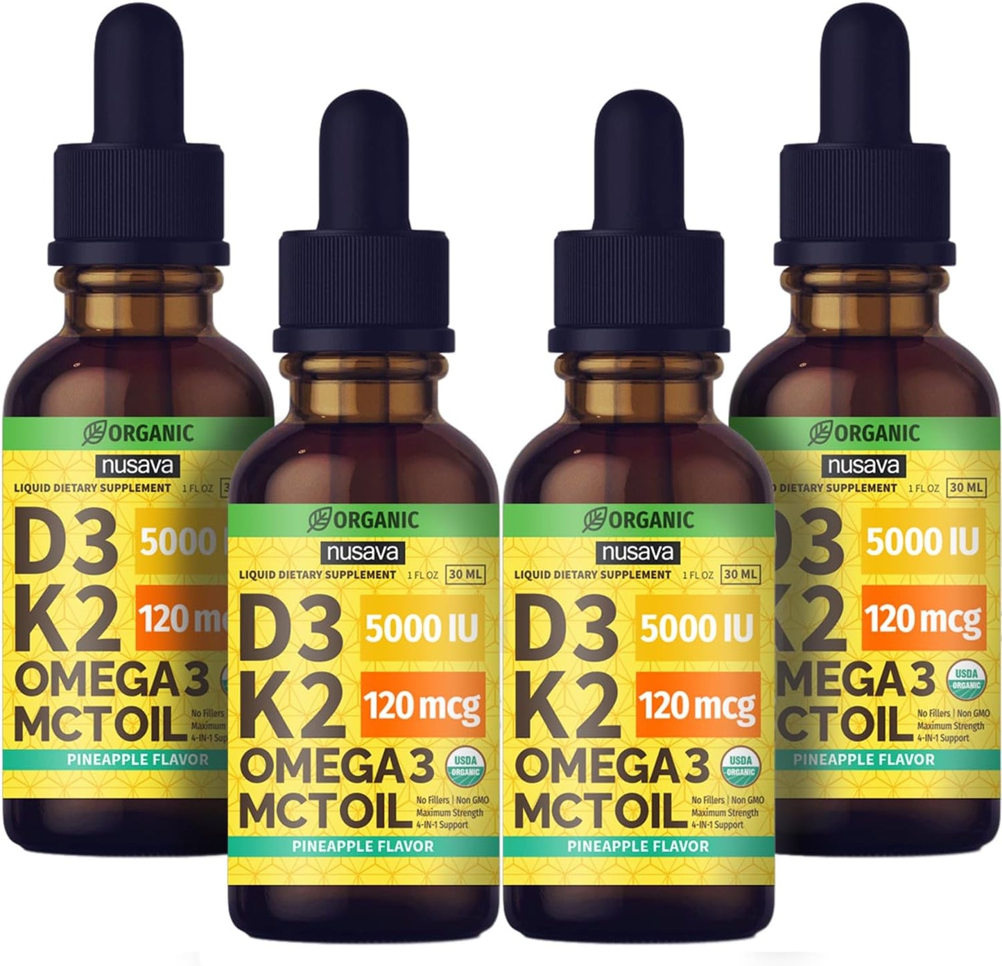 (4 Pack) Organic Vitamin D3 K2 Drops with MCT Oil Omega 3, Maximum Strength Vitamin D Liquid 5000 IU, No Fillers, Non-GMO Liquid D3 for Faster Absorption and Immune Support (Pineapple, 4 Fl Oz)