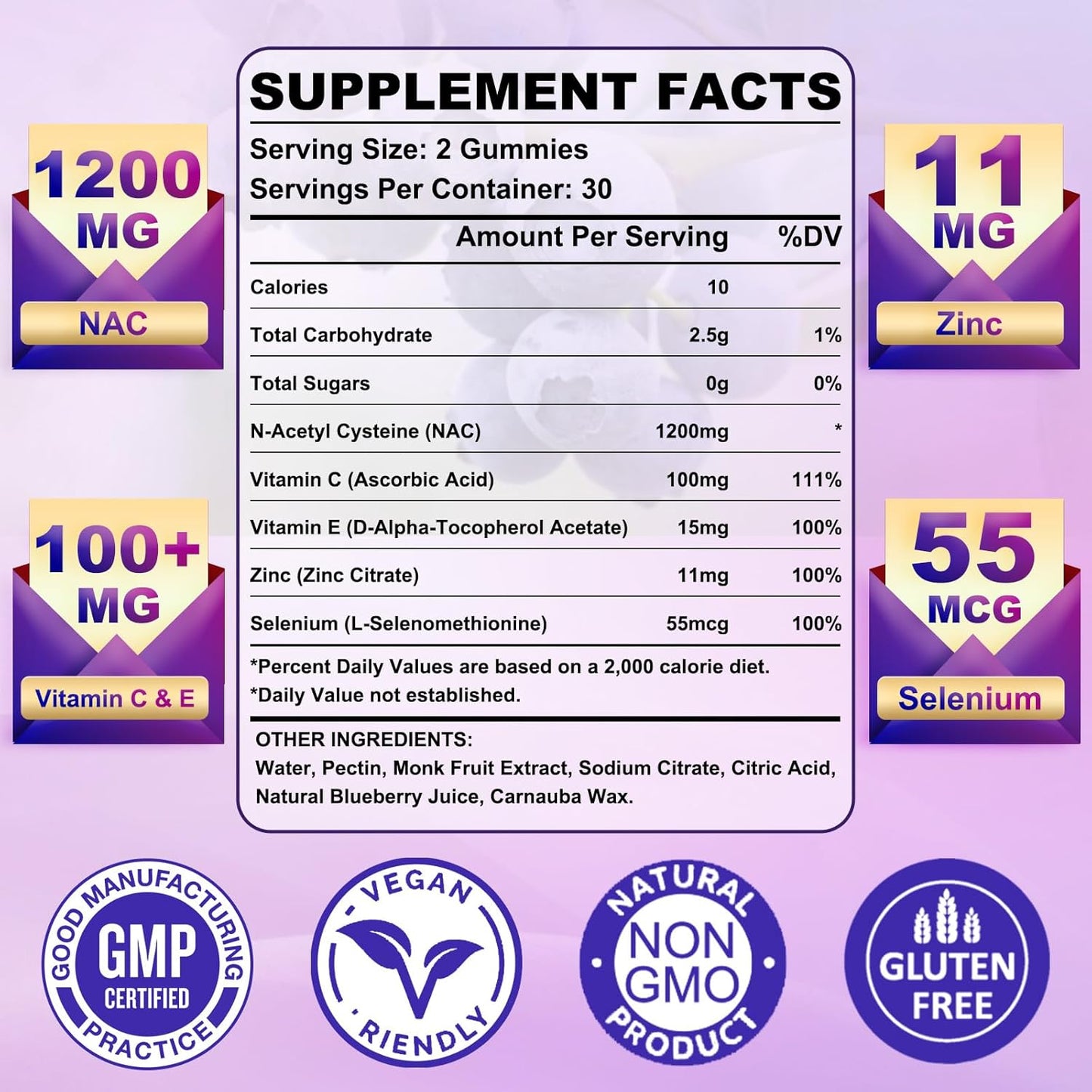 2 Pack N-Acetyl Cysteine Gummies for Kids & Adults, 1200mg N-Acetyl Cysteine Supplement with Selenium Zinc Vitamin C & E for Liver Health, Antioxidant, Immune System, 120 Count, Sugar Free