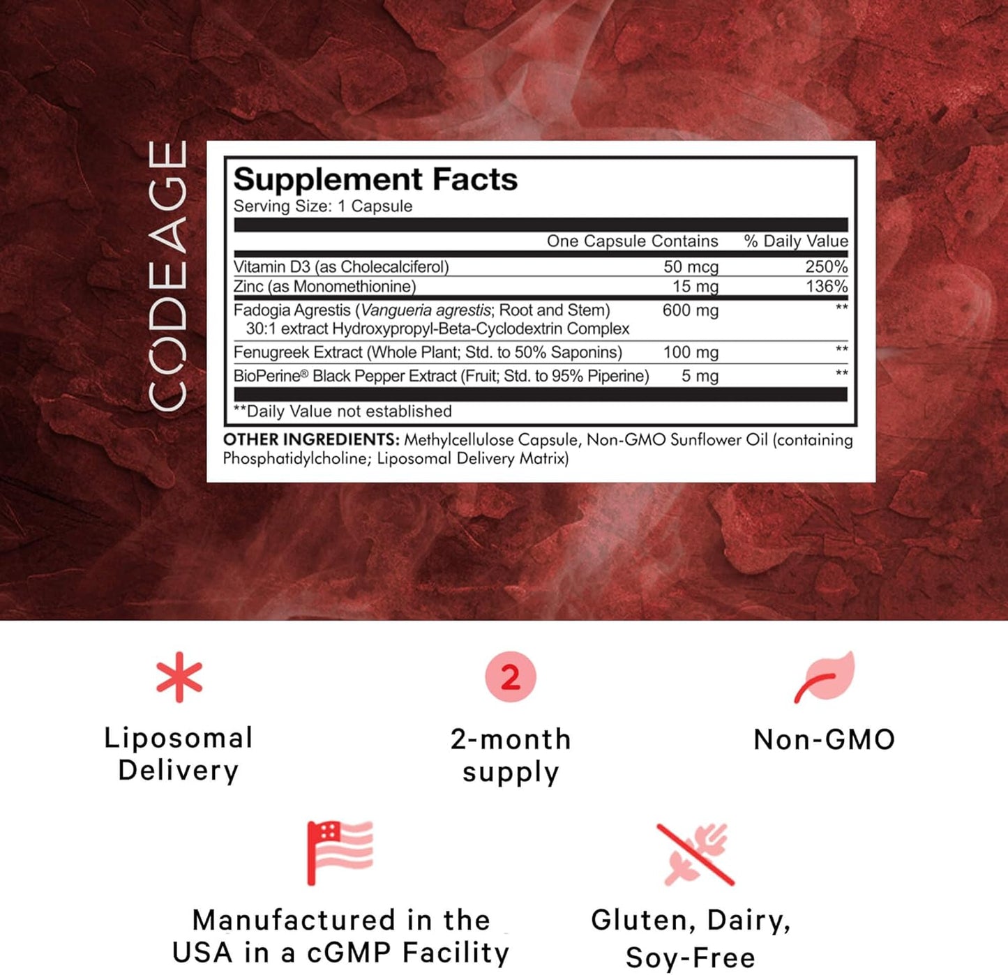 Codeage Liposomal Fadogia Agrestis 600mg Supplement - Fadogia Agrestis 30:1 Extract, Vitamin D3, Zinc, Fenugreek, BioPerine Black Pepper - 2-Month Supply - Liposomal Delivery - Non-GMO, 60 Capsules