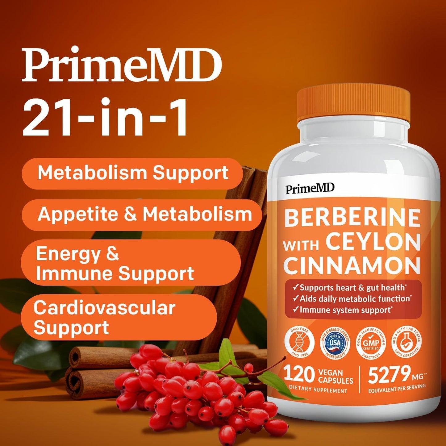 21-in-1 Berberine Supplement with Ceylon Cinnamon with Chromium, Bitter Melon and Green Tea Extract and Black Pepper Extract 5X for Energy & Metabolism Support with 5279 mg (120 ct, Pack of 1)