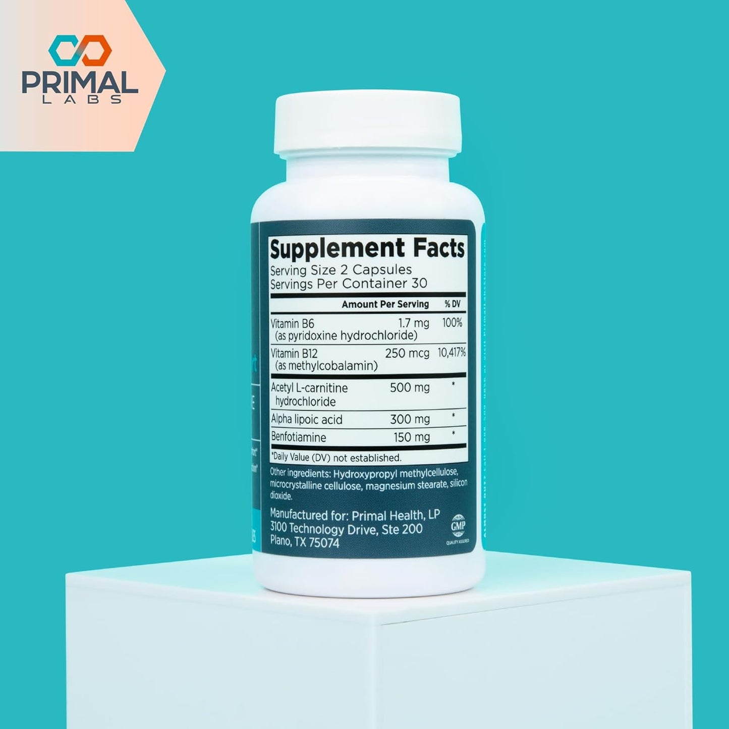 Primal Labs Advanced Nerve Support - Nerve Wellness Supplement with Benfotiamine, B6, B12, Alpha Lipoic Acid, Acetyl-L-Carnitine - Nerve Wellness, Feet, Legs, Sensory Function, Comfort - 60 ct.