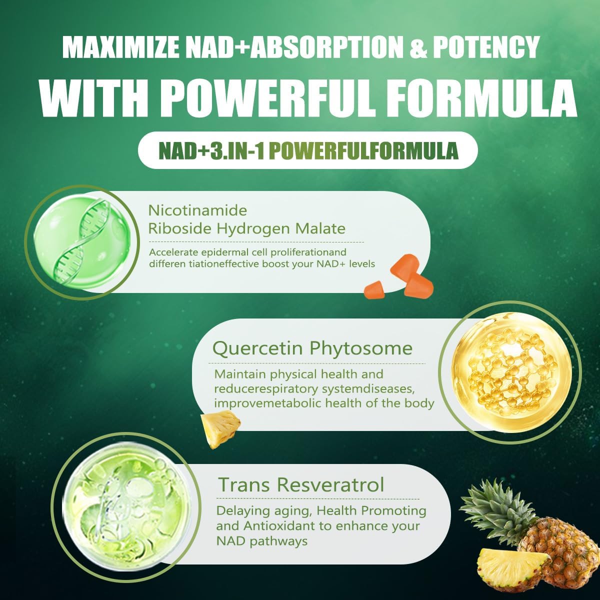 NAD+ Gummies – Sugar-Free NAD Supplement with Liposomal Nicotinamide Riboside, Resveratrol & Quercetin – Anti-Aging, Cellular Energy & Health Support – Pineapple Flavor, 90 Gummies