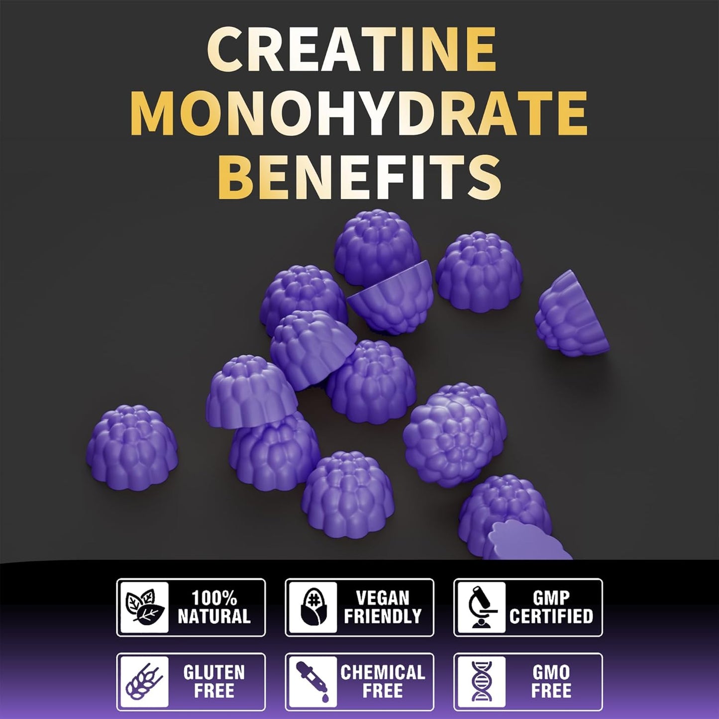 Creatine Monohydrate Gummies for Men & Women-5g of Creatine Monohydrate per Serving - Sugar Free,Vegan, Grapes Flavor, 120 Count