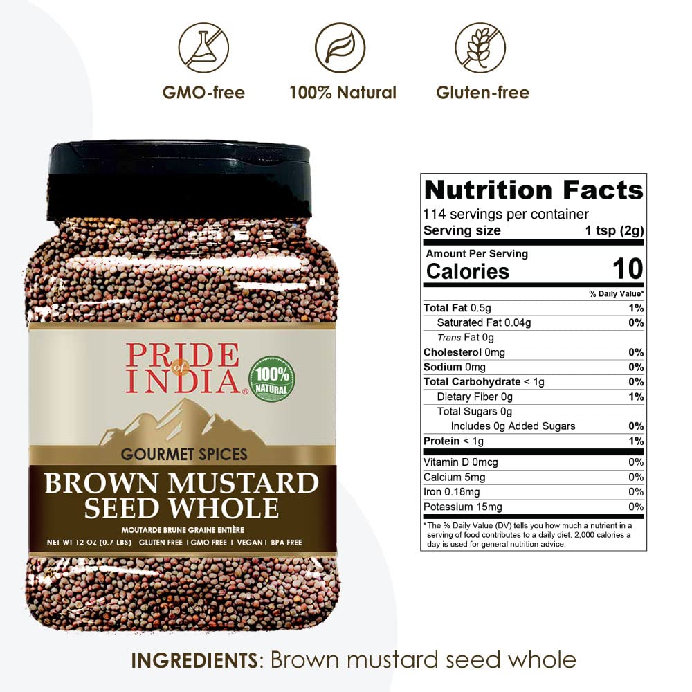 Pride Of India – Brown Mustard Seed Whole – Gourmet Indian Spice – Hot & Spicy Flavor – Ideal Seasoning for sauces/dips/Spice Blends – Easy to Store – 12 oz. Medium Dual Sifter Bottle