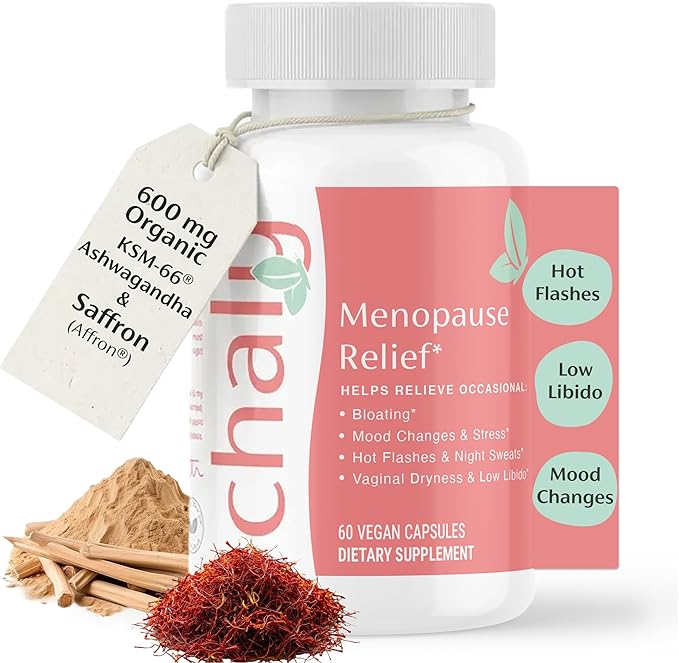 Chaly Menopause Supplements for Women with Ashwagandha KSM 66 and Saffron | Hot Flash, Bloating, Libido, Vaginal Dryness, Stress, and Mood Support Supplement | Menopause Relief Supplements | 60 Count