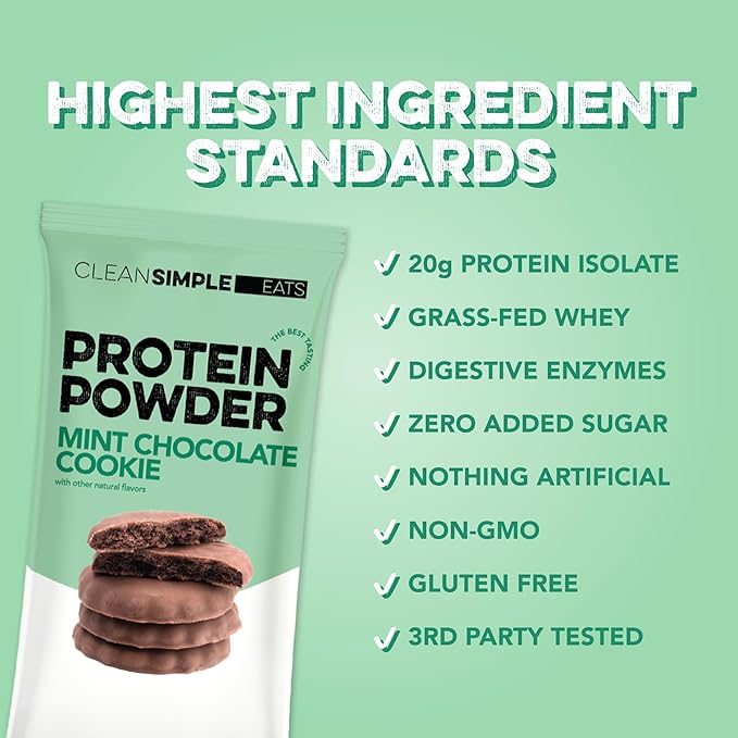 Clean Simple Eats Whey Protein Powder, Mint Chocolate Cookie Flavor, Naturally Sweetened, 100% Grass Fed Protein Powder with Digestive Enzymes, No Artificial Ingredients, Gluten Free, 10 Stick Packs