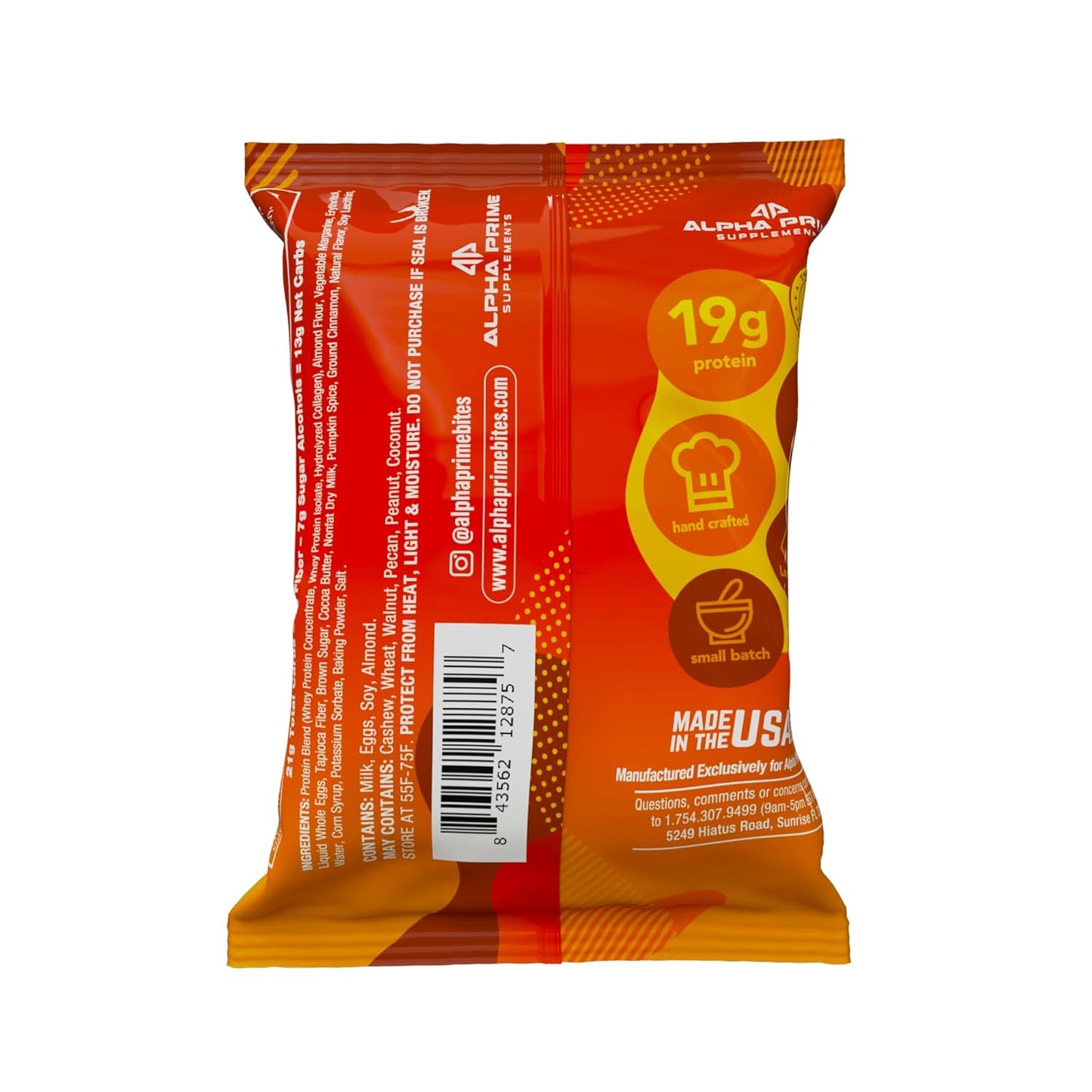 Prime Bites Protein Brownie from Alpha Prime Supplements | High Protein, Collagen Fortified Low Sugar Treat | Delicious Snack | 12 Bars per Box (Glazed Pumpkin Spice)