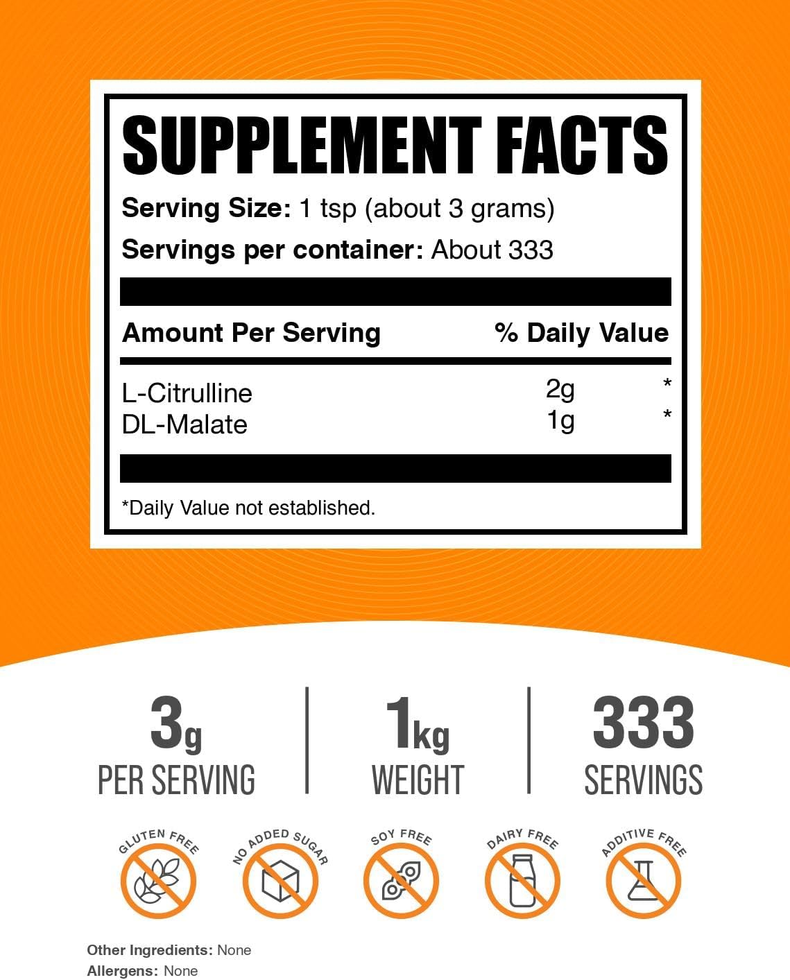 BulkSupplements.com L-Citrulline Malate 2:1 Powder - Nitric Oxide Boost, Citrulline Malate Supplement - Unflavored & Gluten Free - 3g per Servings, 1kg (2.2 lbs) (Pack of 1)