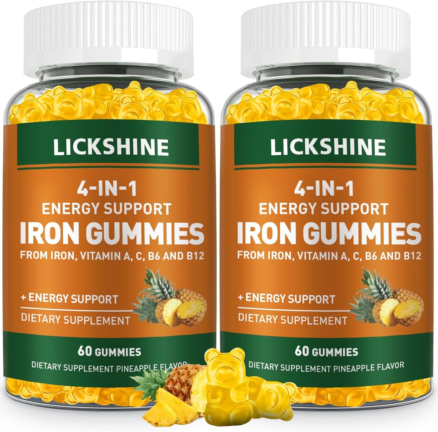 2 Pack Vegan 100MG Iron Supplement Gummies for Women & Men - with Vitamin C, A, B for Adults & Kids - Energy Support for Iron Deficiency, Anemia - Pineapple Flavor (120 Ct)