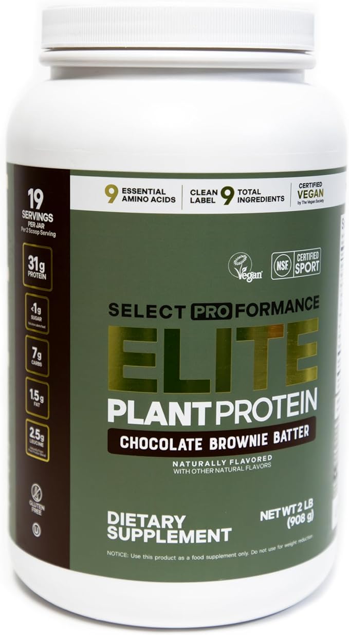 Select Proformance Elite Vegan Protein Powder - 16g of Protein per Scoop, Plant Based, Dairy Free, Gluten Free, Clean Ingredients - Chocolate Brownie Batter, 2lb Tub (40 Servings)