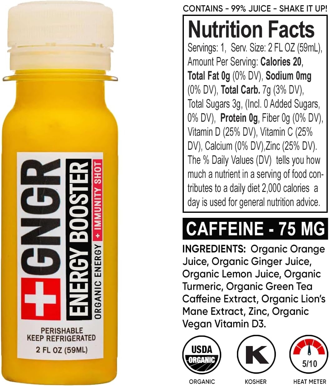 +GNGR Energy Booster & Immunity Shot, Cold-Pressed Ginger Shots with Lions Mane, 75mg of Natural Caffeine Green Tea, Turmeric Root, Vitamin D & Zinc for All Natural Immune Support (2 Oz, Pack of 12)