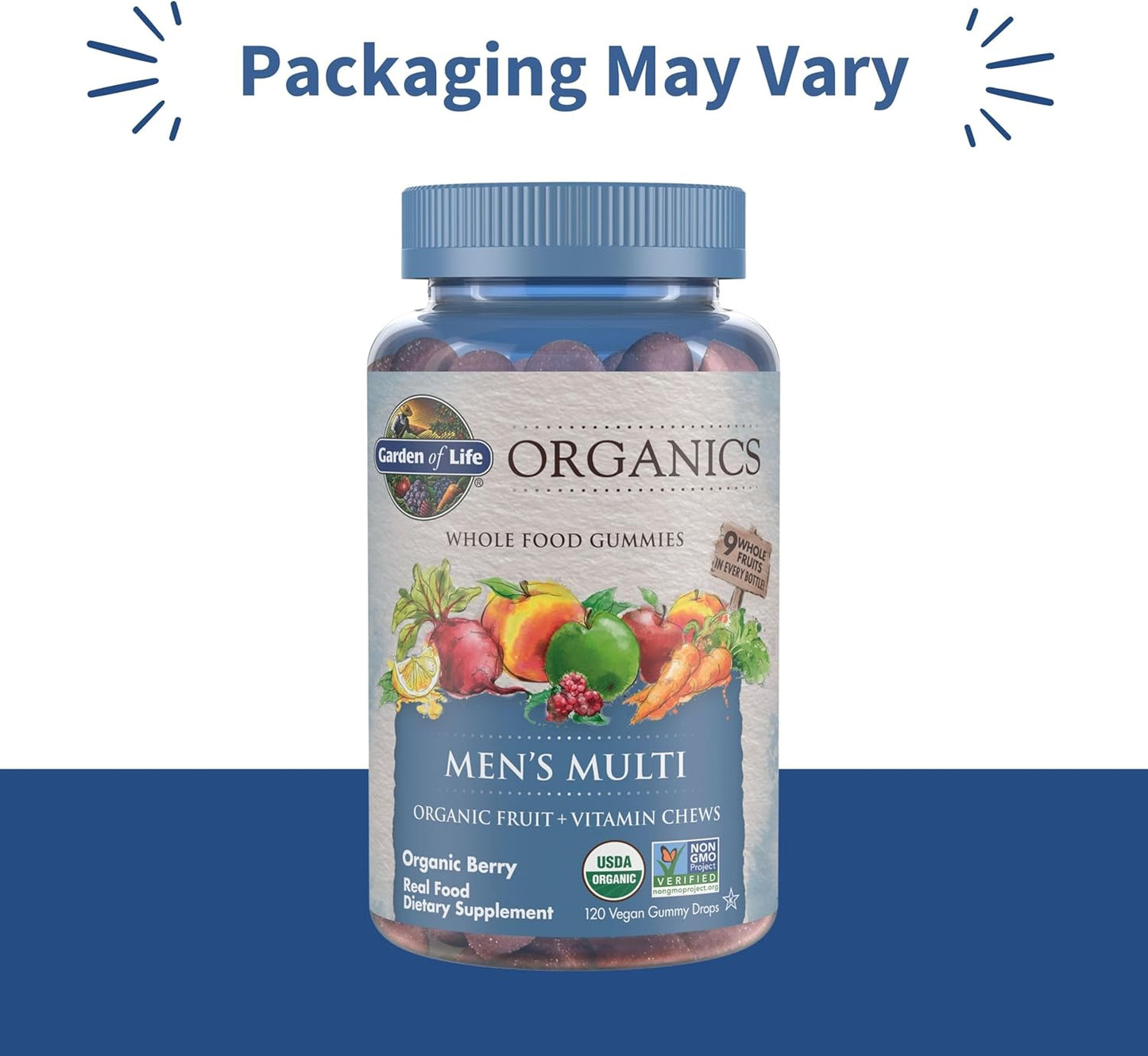 Garden of Life Organics Men's Gummy Vitamins - Berry - Certified Organic, Non-GMO, Vegan, Kosher Complete Multi - Methyl B12, C & D3 - Gluten, Soy & Dairy Free, 120 Real Fruit Chew Gummies