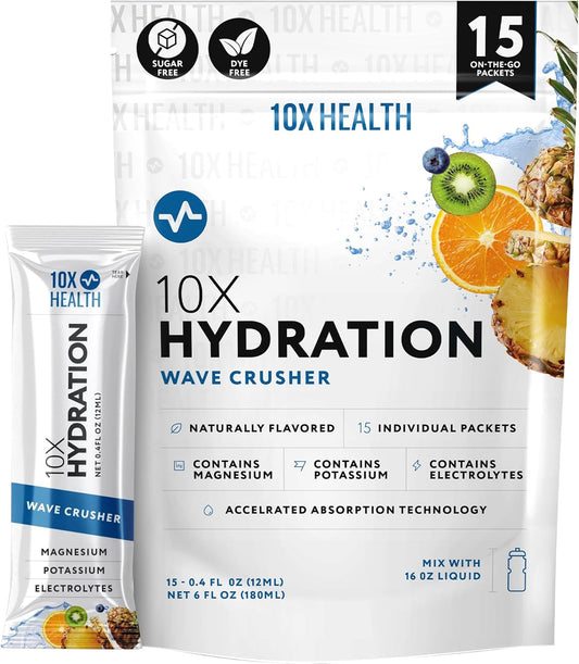 10X Health Electrolyte Drink Mix - Hydration Packets - Sodium, Magnesium, Potassium Citrate & Electrolytes Packets - Naturally Flavored, Dye-Free & Sugar-Free Hydration Packs - 15 Sticks, Wave Crusher