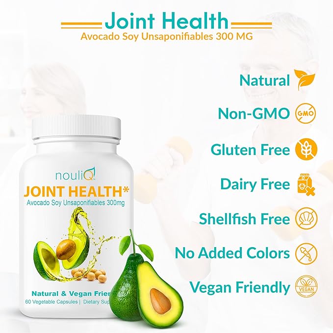 Natural & Vegan-Friendly Joint Health Supplement, Avocado Soy Unsaponifiables 300mg, Non-GMO, Free of Any Gluten, Artificial Colors or Flavors, Dairy and Shellfish, 60 Day Supply.