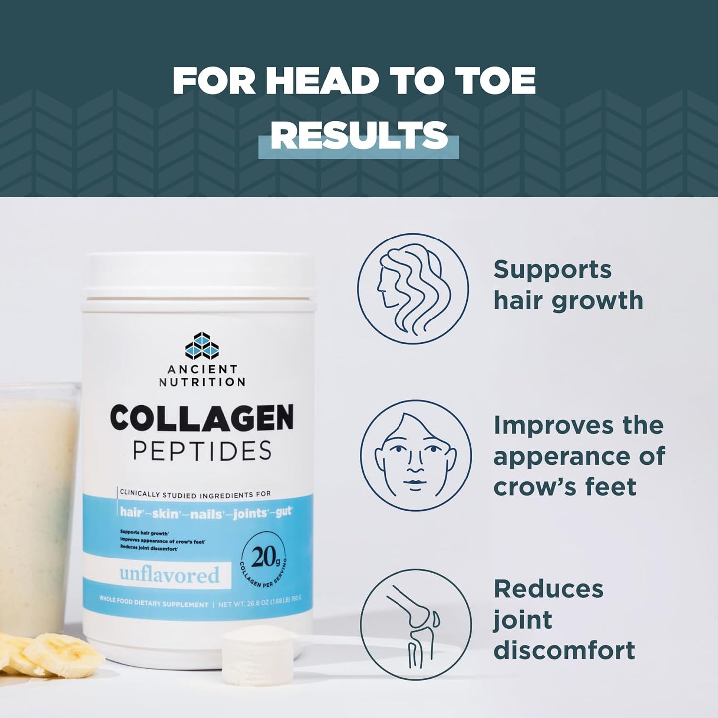 Ancient Nutrition Collagen Peptides, Collagen Peptides Powder, Unflavored Hydrolyzed Collagen, Supports Healthy Skin, Joints, Gut, Keto and Paleo Friendly, 38 Servings, 20g Collagen per Serving