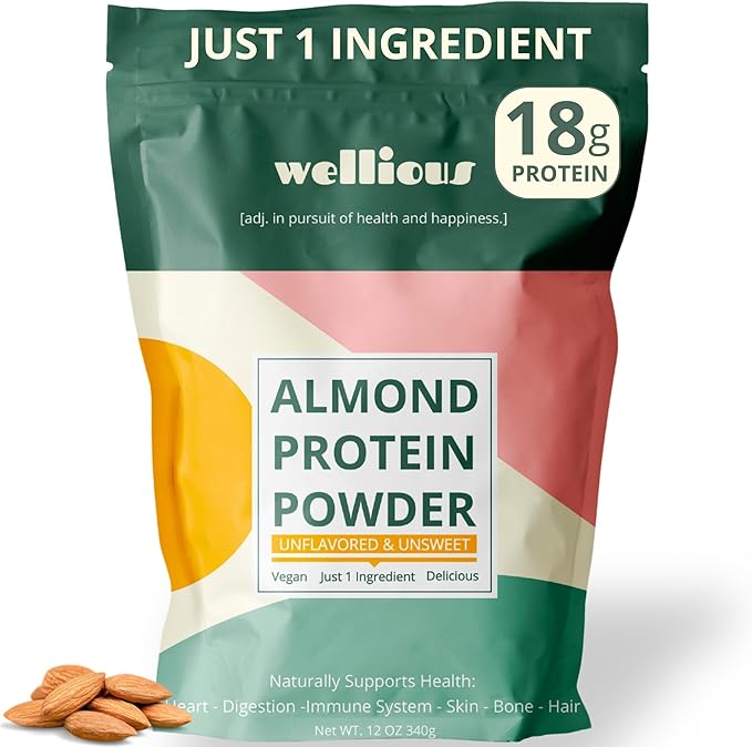 wellious Almond Protein Powder (Unflavored, Unsweetened) - 18 Grams of Pure Healthiest Vegan Protein for Women & Men | Gluten-Free, Soy-Free & Gut Friendly Protein Powder for Sports Nutrition