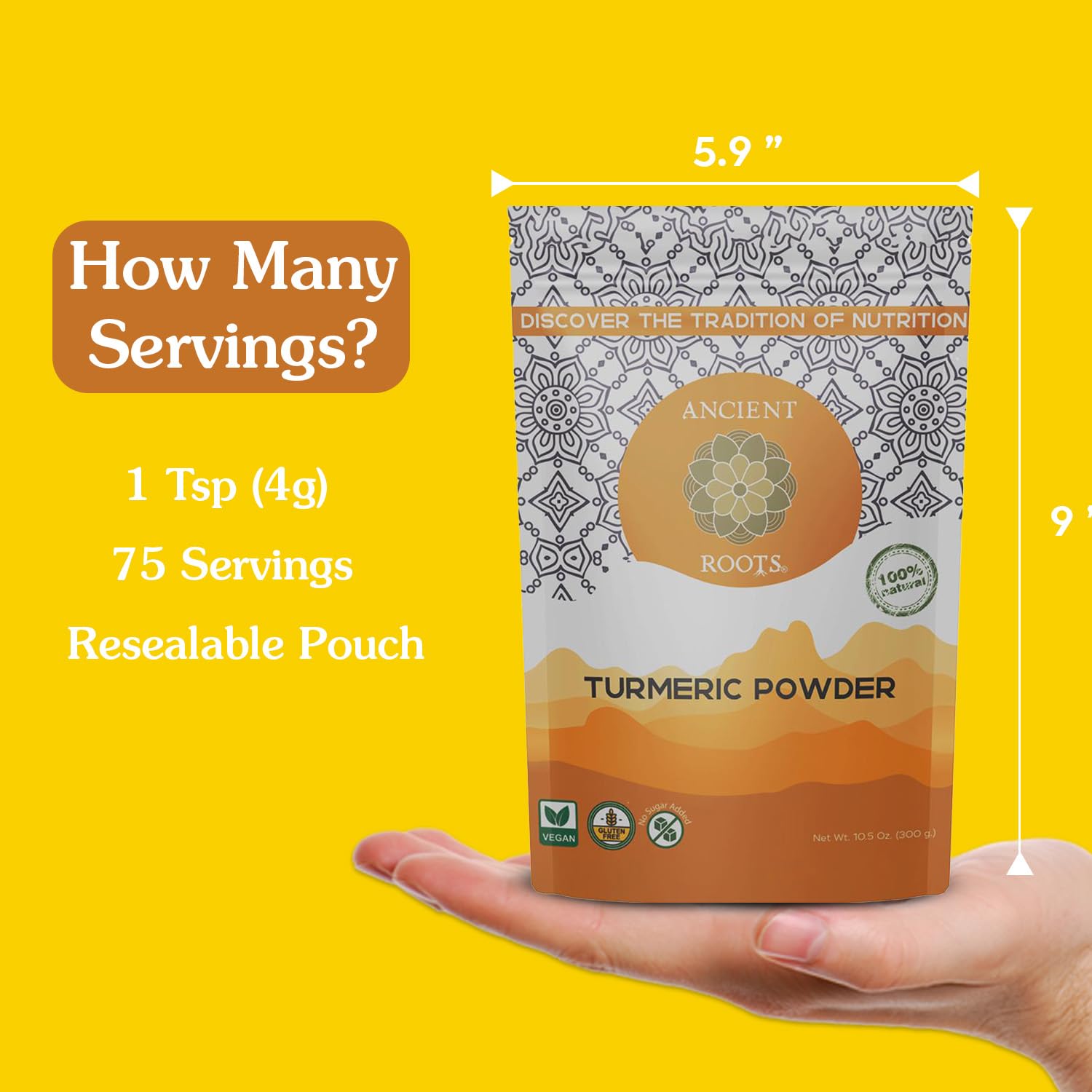 Ancient Roots Turmeric Powder - 100% Pure, Hand-Harvested, Rich in Curcumin, Non-GMO & Gluten-Free 10.5 OZ (100 Servings)