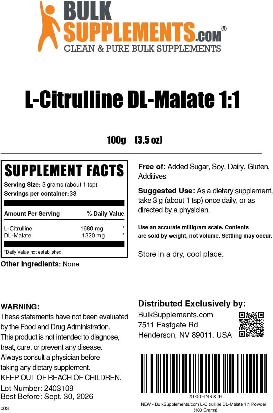 BulkSupplements.com L-Citrulline Malate 1:1 Powder - Citrulline Powder, Amino Acid Supplement - Unflavored & Gluten Free - 3g per Servings, 100g (3.5 oz) (Pack of 1)