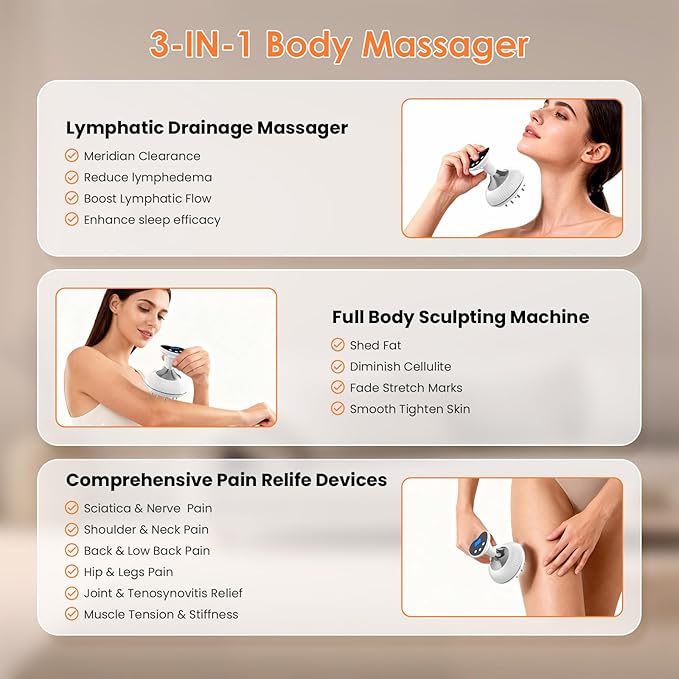 Lymphatic Drainage Massager, Anti-Cellulite Massager For Body Cellulite and Thigh & Belly Stretch Marks Reduction, Handheld Massage tools for lymphedema & lipedema, Sciatica Nerve pain relief Devices