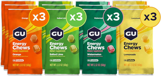GU Energy Chews, Mixed Pack Energy Gummies with Electrolytes, Vegan, Gluten-Free, Kosher, Caffeine-Free, and Dairy-Free On-The-Go Energy for Any Workout, Caffeine - Free, 12 Bags (24 Servings Total)