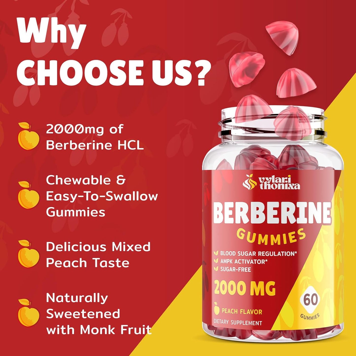 2000mg Berberine Supplement Gummies - High Potency Berberine with Ceylon Cinnamon Candy, Turmeric, Magnesium, Chromium - Sugar Free, Vegan, Non-GMO, Gluten-Free - Peach Flavor 60 Gummies - 2 Pack