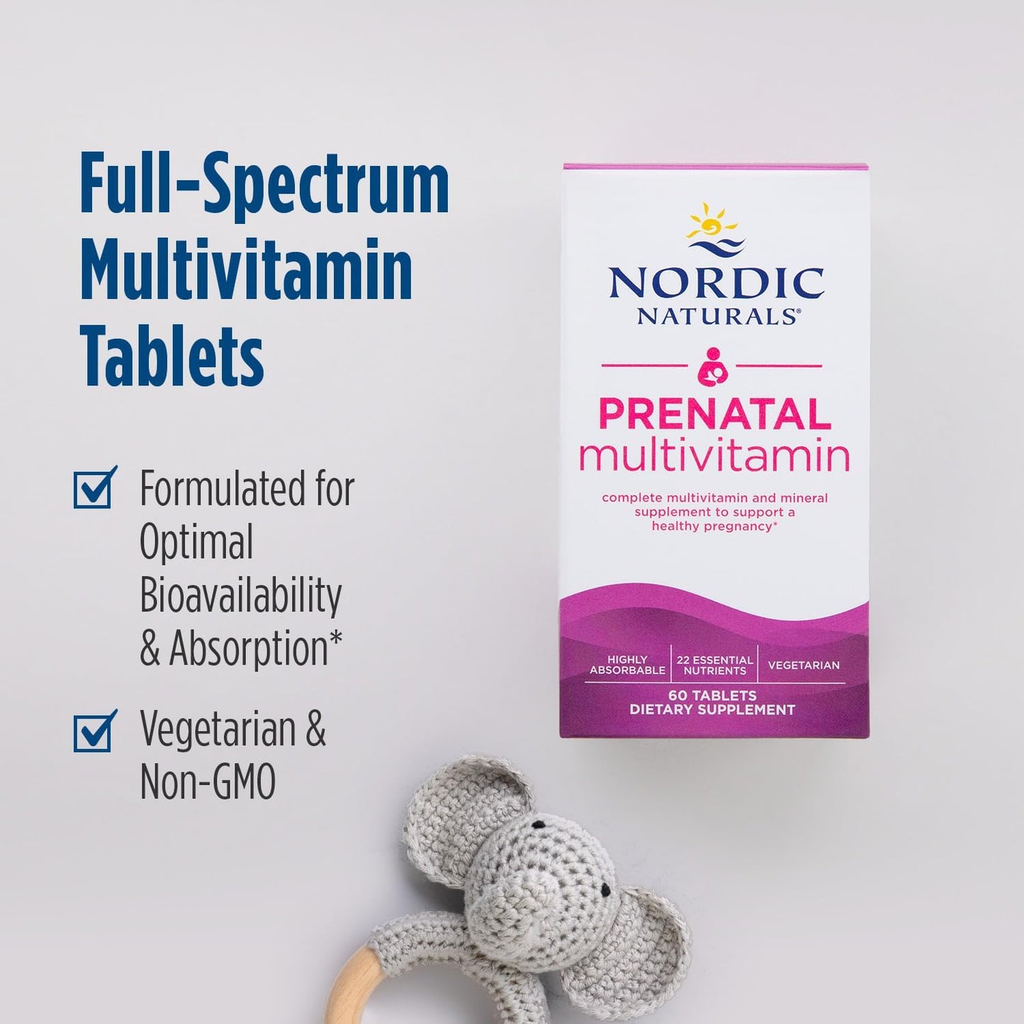 Nordic Naturals Prenatal Multivitamin for Women - Daily Vegetarian Prenatal Vitamins - 22 Essential Nutrients, Including B6, Folate, and Iron - 60 Tablets - 30 Servings