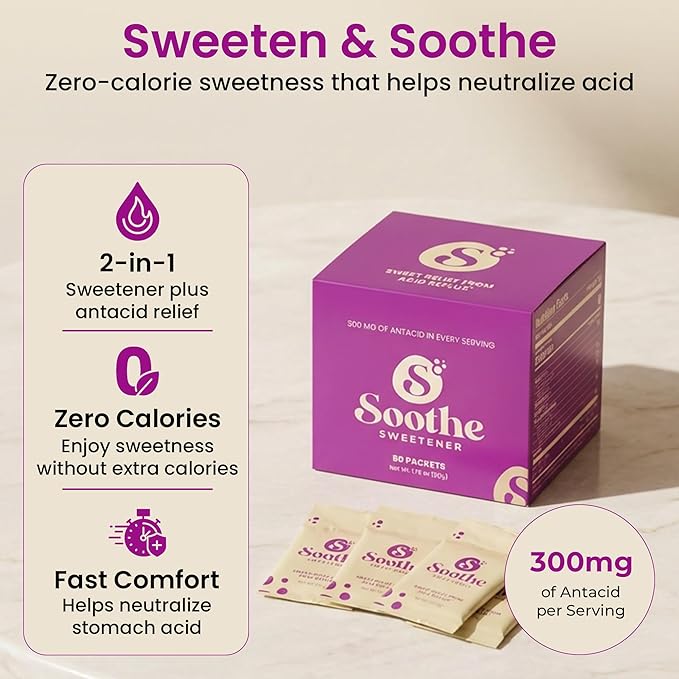 Sweet Relief Soothe Natural Antacids for Acid Reflux - Calcium Carbonate Heartburn Relief, Zero Calorie Sweetener, Beverage Enhancer (50 Count)