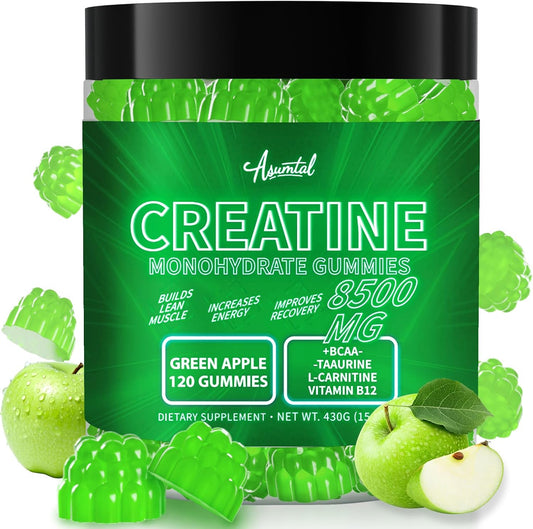 Creatine Monohydrate Gummies Complex 8500 MG for Men & Women, Creatine Monohydrate Supplement for Muscle Growth, Strength & Energy Support, Pre Workout Gummies 120 Count Green Apple Flavor