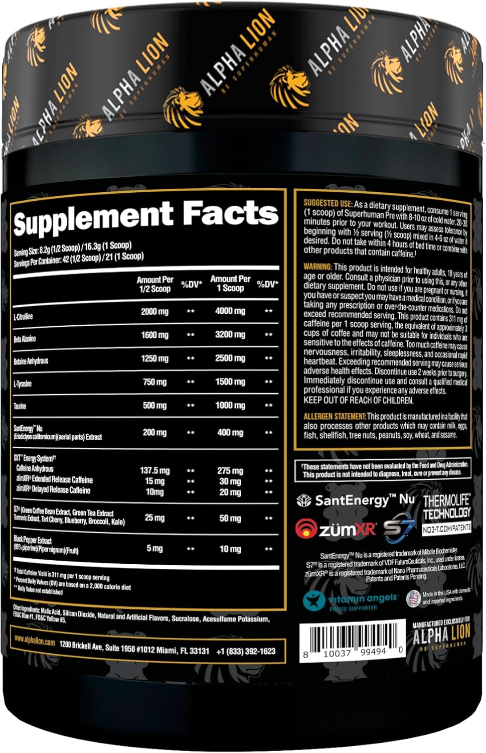 ALPHA LION Superhuman Pre Workout Powder, Beta Alanine, L-Taurine & Tri-Source Caffeine for Sustained Energy & Focus, Nitric Oxide & Citrulline for Pump (21 Servings, Sour Gummy Bear Flavor)