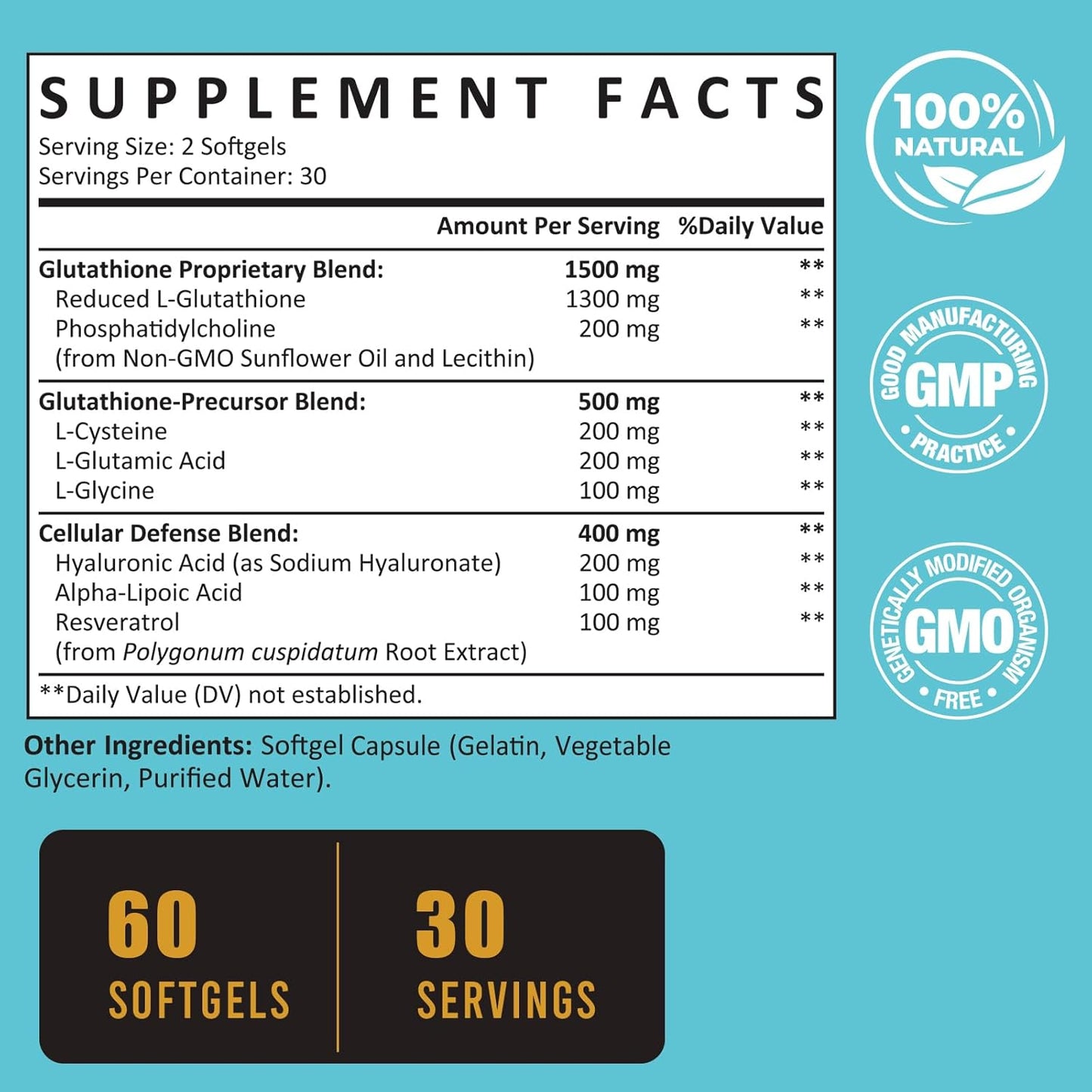 2400 MG Liposomal Glutathione Softgels, Max Absorption, Active Form L-Glutathione Reduced (GSH), with Hyaluronic Acid, Resveratrol, Master Antioxidants for Detox, Brain, Immune System, 120 Softgels