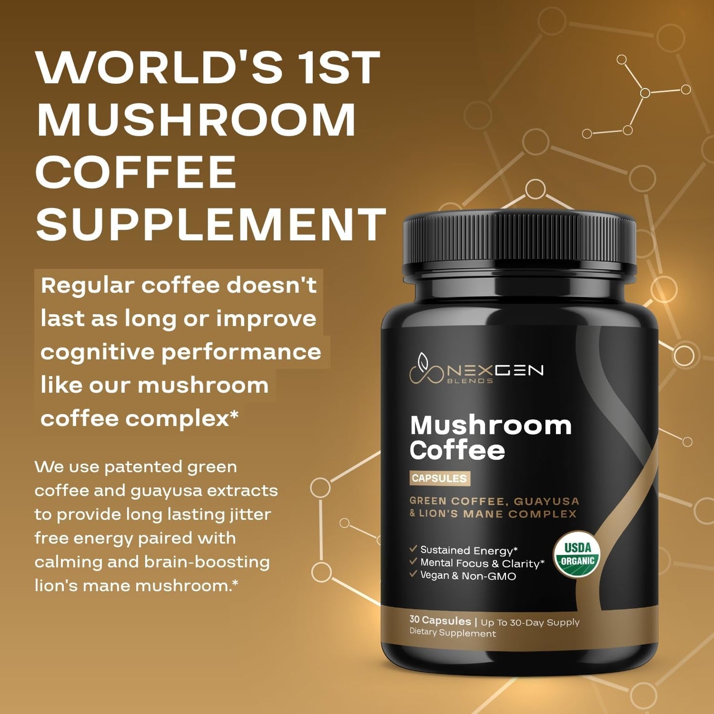 100% Organic Mushroom Coffee Capsules - Natural Energy Supplement with 130mg Caffeine from Clinically Proven Patented Green Coffee Bean & Guayusa Extracts for Jitter-Free Energy & Focus (30 Servings)
