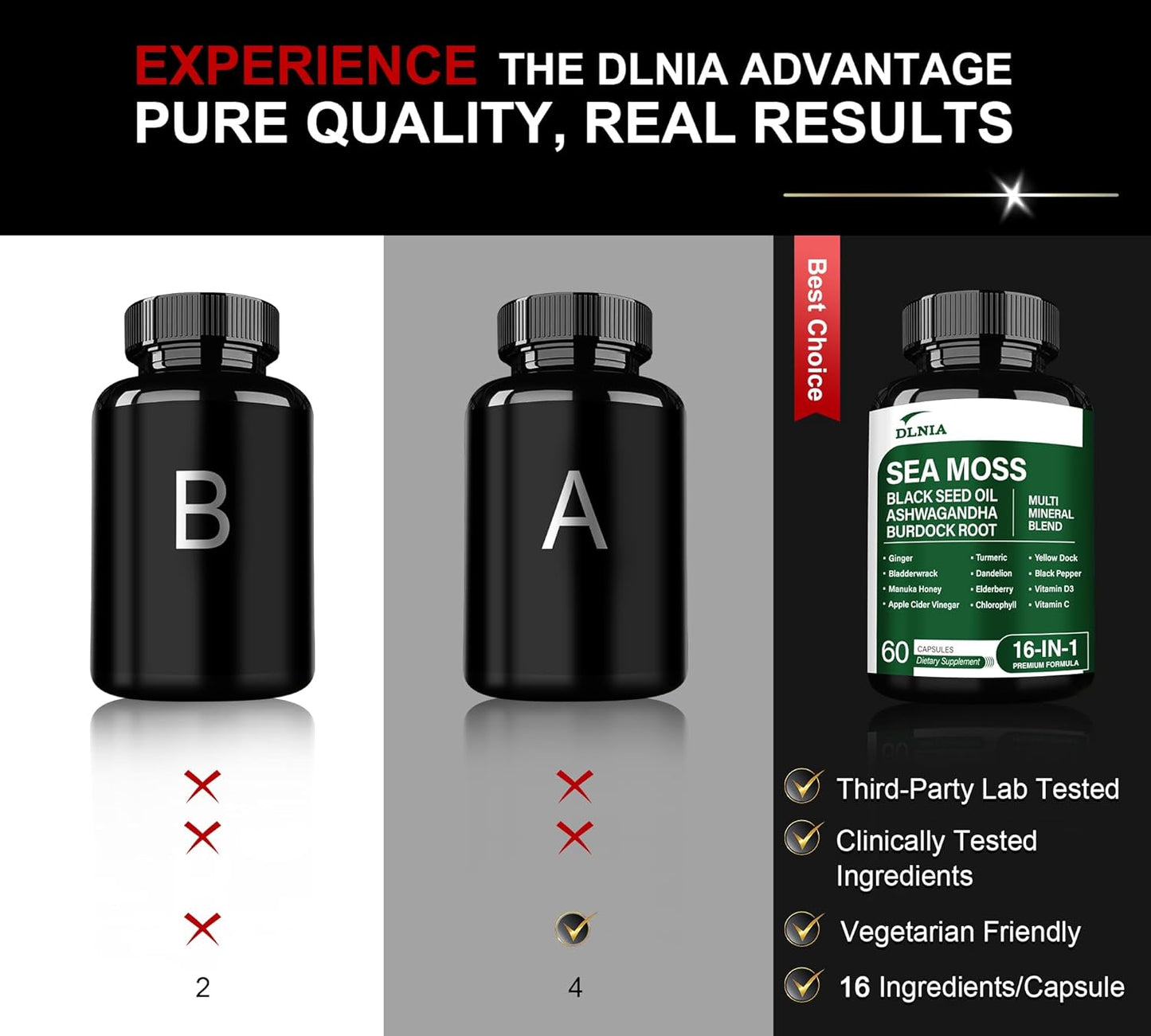 16-in-1 Organic Sea Moss Gel Alternative Capsules – Superfood Blend with Ashwagandha, Black Seed Oil, Turmeric, Bladderwrack, Burdock, Elderberry, Manuka, Dandelion, Yellow Dock, Vitamin C & D3