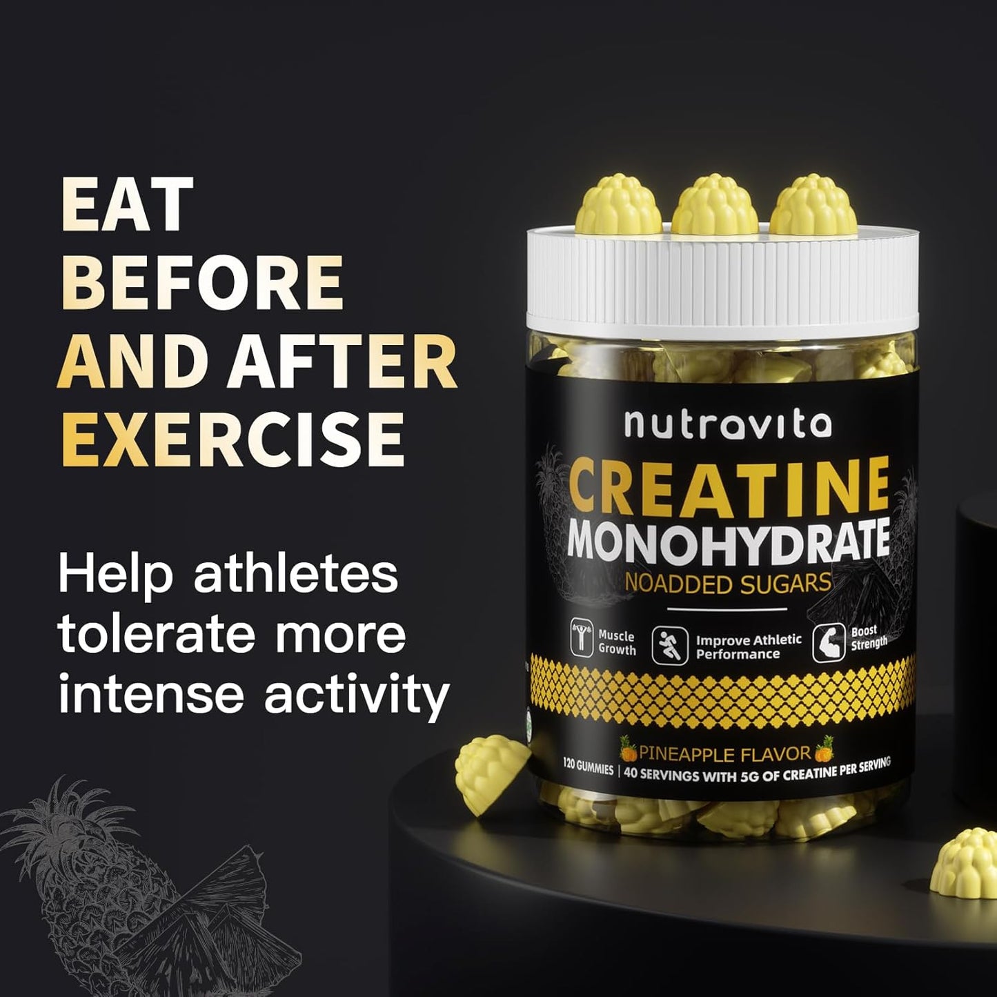 Creatine Monohydrate Gummies for Men & Women-5g of Creatine Monohydrate per Serving - Sugar Free,Vegan,Pineapple Flavor, 120 Count
