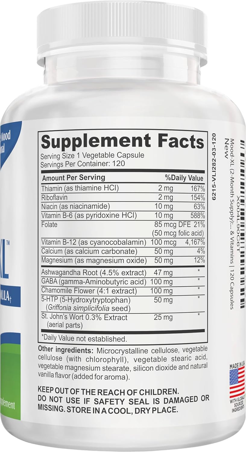 2-Month Mood Support Supplement (Mood-XL) | 13-Ingredient Calm & Balance Formula with 5-HTP, Ashwagandha, GABA & St. John’s Wort | Premium Mood Support Supplements Blend | 120 Capsules | 60-Day Supply