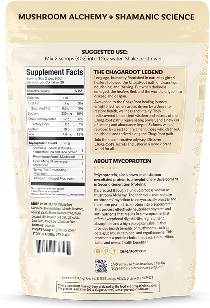 Mycoprotein Mushroom Protein Powder, Vanilla - 19g of Vegan Protein, Plant Based, Superfood, Master Blend of Chaga, Reishi, Turkey Tail, Shiitake, Lions Mane, Coffee, Smoothies (1.76 lb)