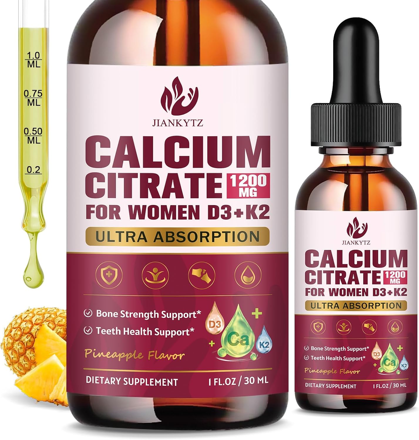 (2 Pack) Calcium Citrate with Vitamin D3 Liquid Drops for Women - Bones, Teeth, Immune Support, 1200mg Calcium Citrate Liquid Drops with Vitamin D3 K2, Vegan, Sugar-Free, 1 Fl Oz