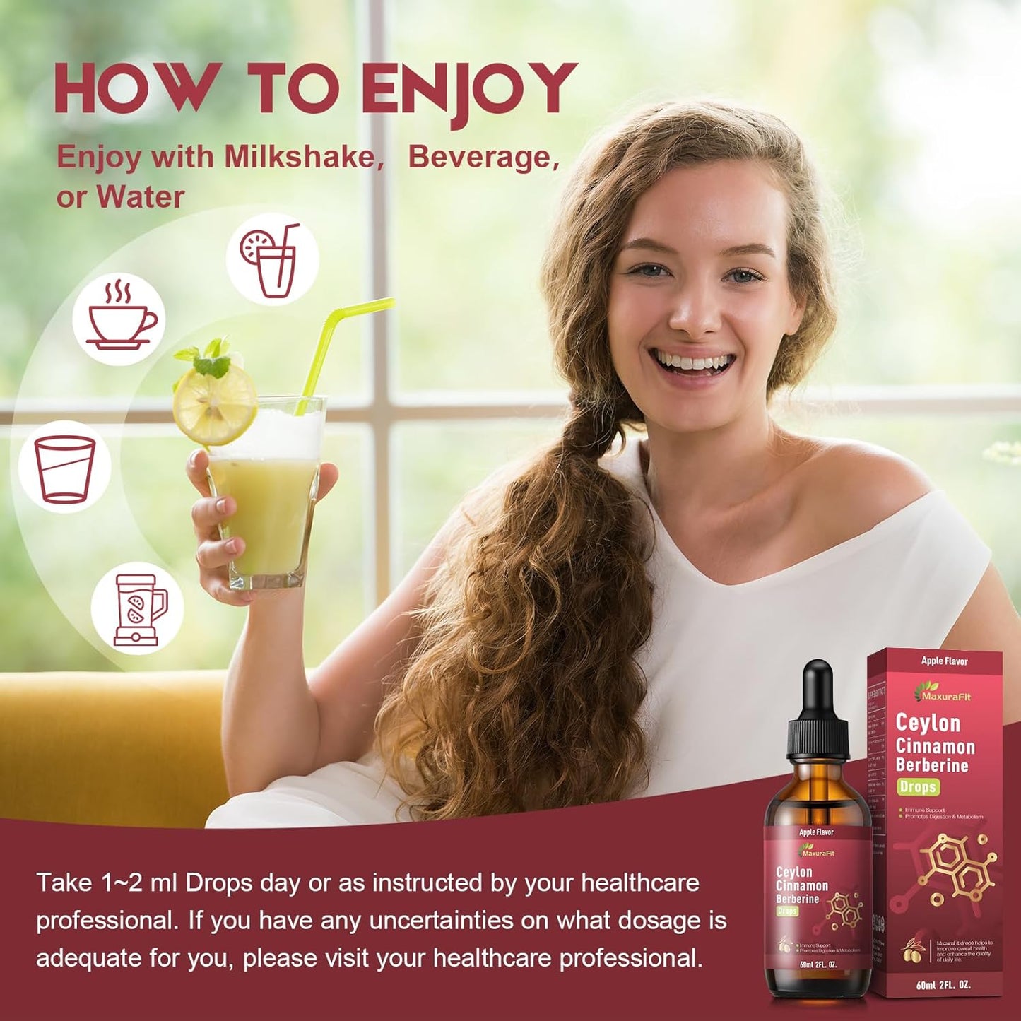 2 Pack Ceylon Cinnamon Berberine Bitter Liquid Drops Supplement with Turmeric,Green Tea,Apple Cider Vinegar,Black Seed Oil 4 FL OZ