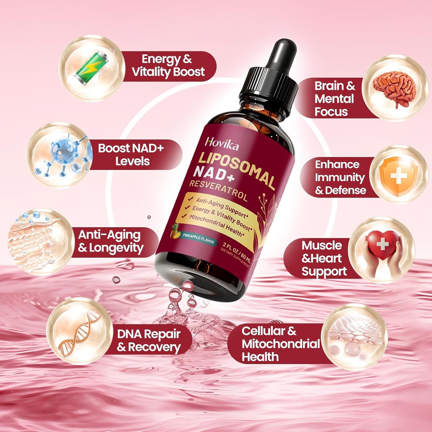 Liposomal NAD Supplement - 1200mg NAD+ Liquid Drops for Women & Men with Resveratrol, Black Pepper Extract - Support Anti-Aging, Brain & Cellular Mitochondrial Health - 2 Fl Oz, Pineapple Flavor