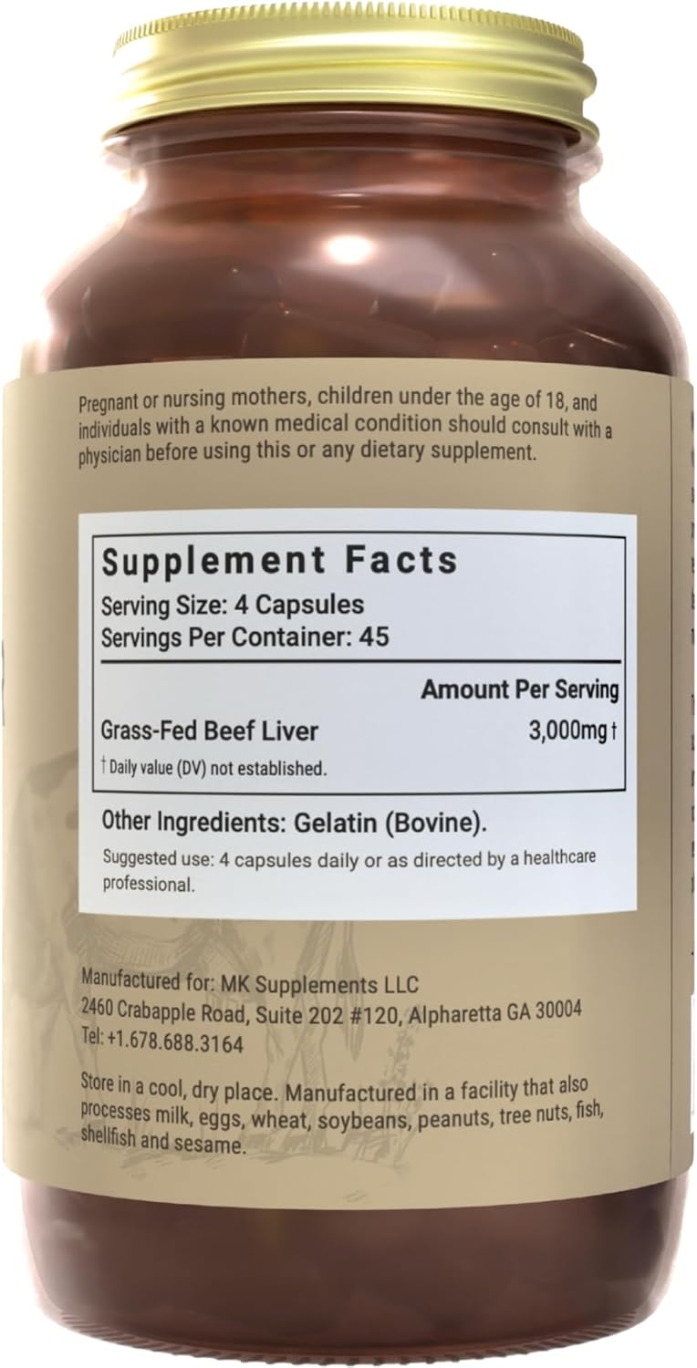 MK Supplements – Grass Fed Beef Liver 3000 mg, Freeze-Dried Beef Liver Capsules, 100% Pasture-Raised in New Zealand, 180 Liver Capsules, 45-Day Supply