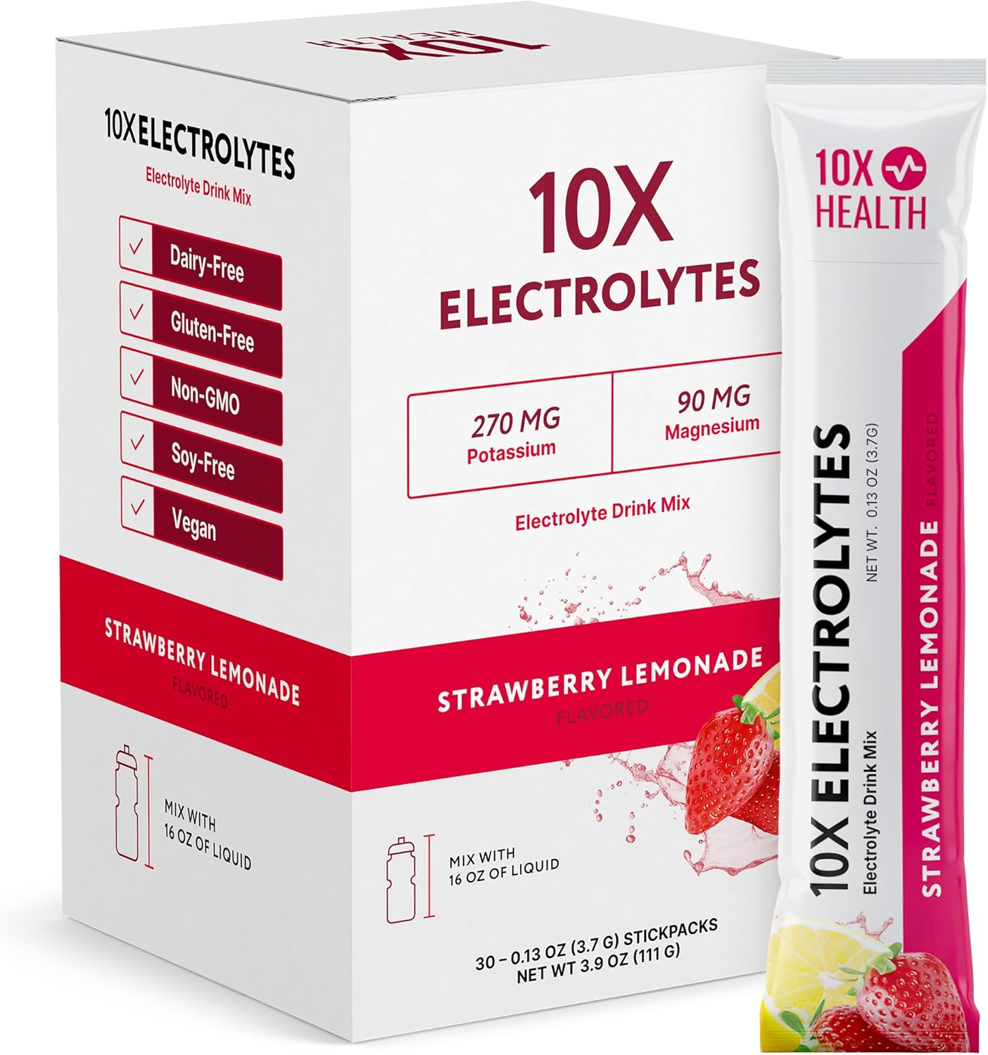 10X Health Electrolytes Powder Drink Mix Strawberry Lemonade w/Potassium, Magnesium & Mediterranean Sea Salt - Sugar-Free Electrolytes Powder - Non-GMO Electrolyte Packets - 30 Stickpacks